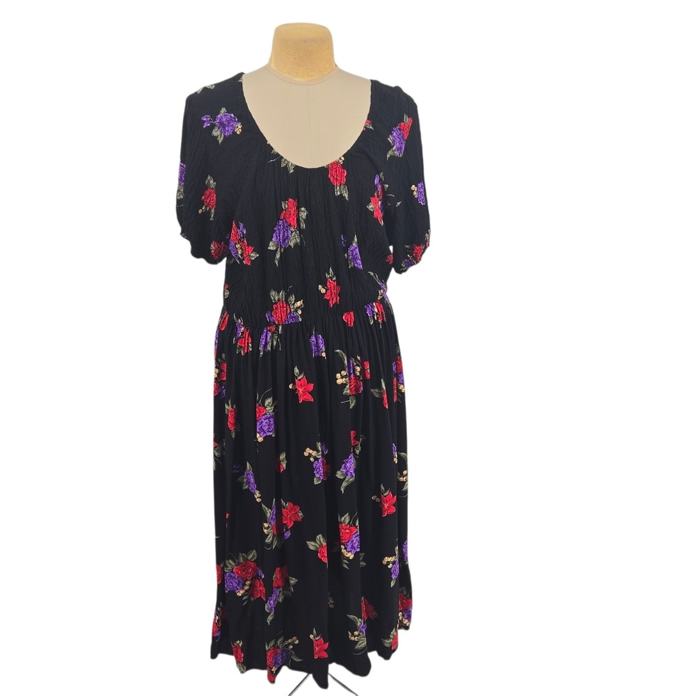 S.L. Fashions Floral Midi Dress Women 16 Black Smocked Cottagecore Vintage 90s